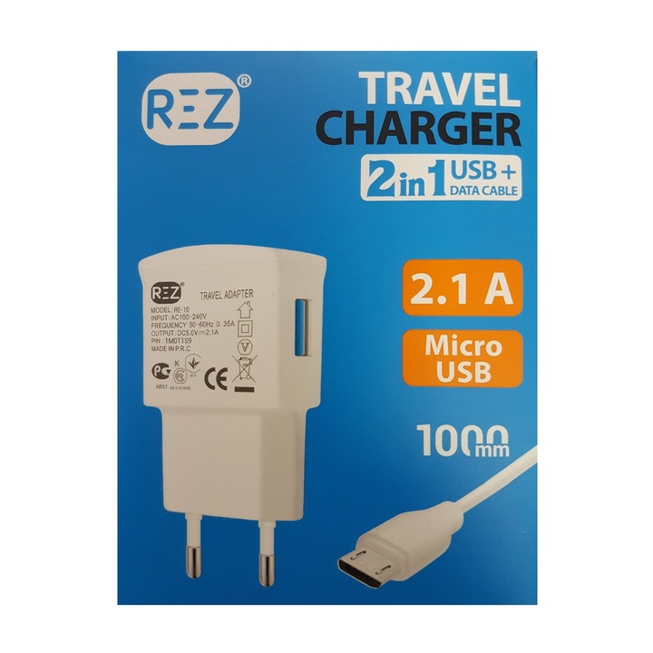 Hálózati töltő 1Tech RE-10, 2,1 A, 2 az 1-ben USB+adatkábel+Micro USB kábel, fehér