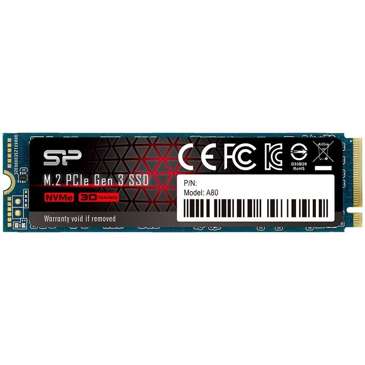 Solid-State Drive (SSD) SILICON POWER A80 512GB SSD, M.2 2280, PCIe Gen3x4, Read/Write: 3400 / 3000 MB/s SP512GBP34A80M28