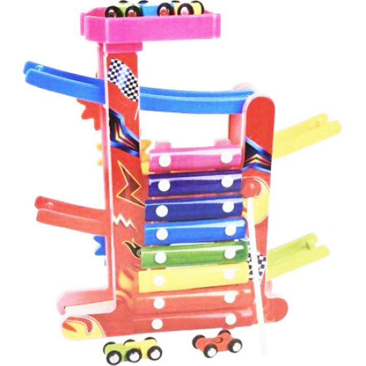 Circuit din lemn cu 3 masinute colorate si cu xilofon, N25-10