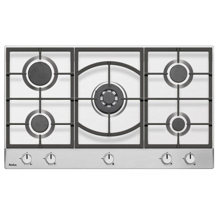 Plita incorporabila Amica PG9511XPR, Gaz, 5 zone de gatit, Aprindere Electrica, 89 cm, Negru