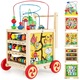 Antemergator si Cub Educational ISP WoodWalker pentru Copii, din Lemn Natural, 6 in 1, cu Multiple tipuri de joaca si roti anti-alunecare, Nontoxic, Galben/Rosu