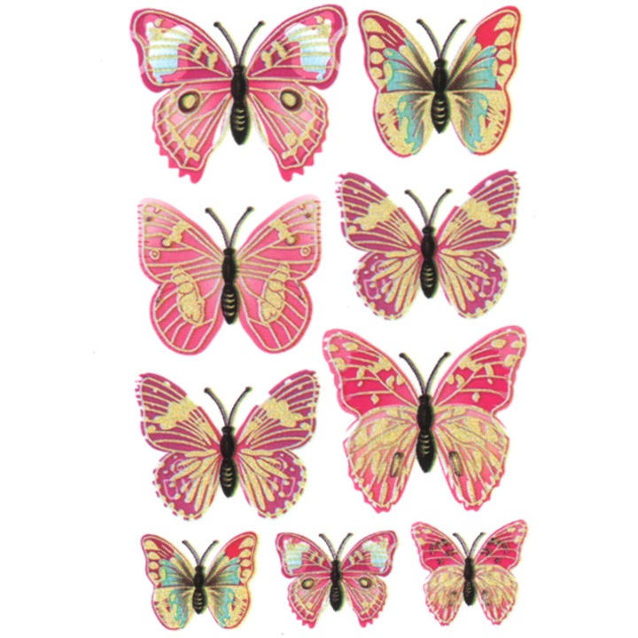Set 9 bucati stickere decorative perete 3D fluturi roz