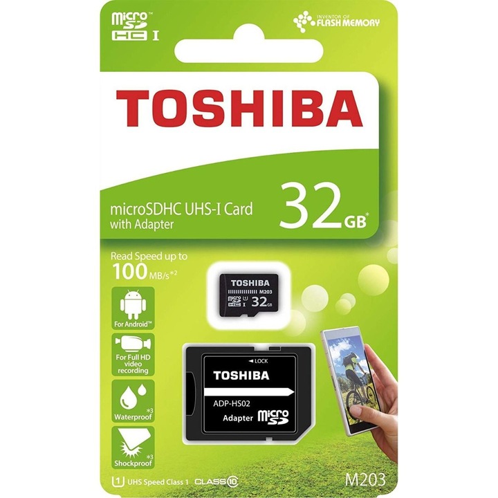 Toshiba UHS microSD memóriakártya, 32 GB, 10. osztály, 100 MB / s + adapter
