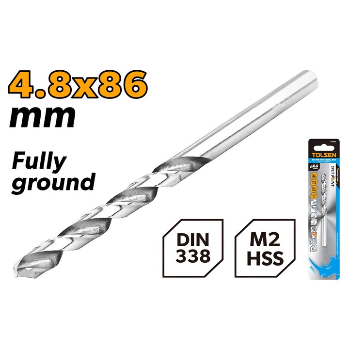 Burghiu TOLSEN HSS M2 4.8 mm, DIN338, lungime 86 mm, canelura 52 mm, unghi varf 135°, otel rapid industrial, pentru gaurire precisa in metal, lemn si plastic