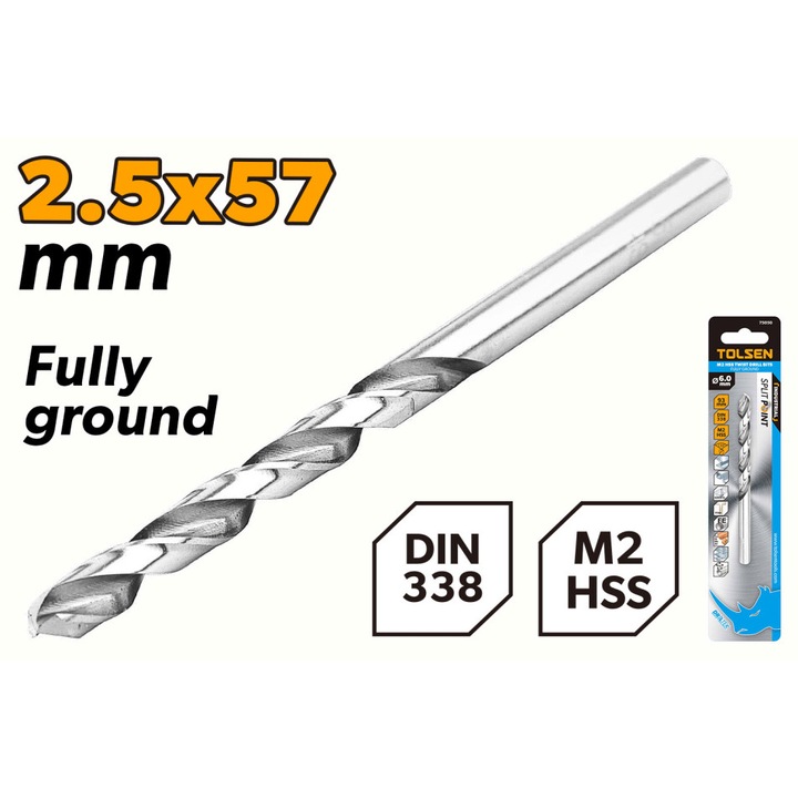 TOLSEN, Burghiu, 2 buc, Otel, diametru 2.5 mm mm, gaurire 2.5 mm mm, lucru 5.7 cm mm, lungime totala 5.7 cm mm, pentru Metal, compatibil Masina de gaurit, prindere Coada cilindrica - Produs profesional de inalta calitate pentru lucru intensiv