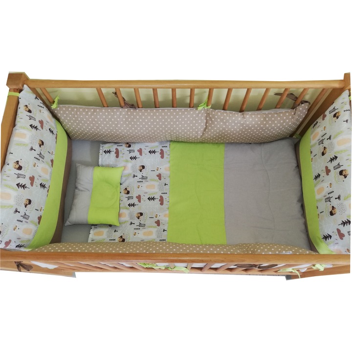 Lenjerie bumbac patut bebelusi, Model Animalute din padure , 7 piese