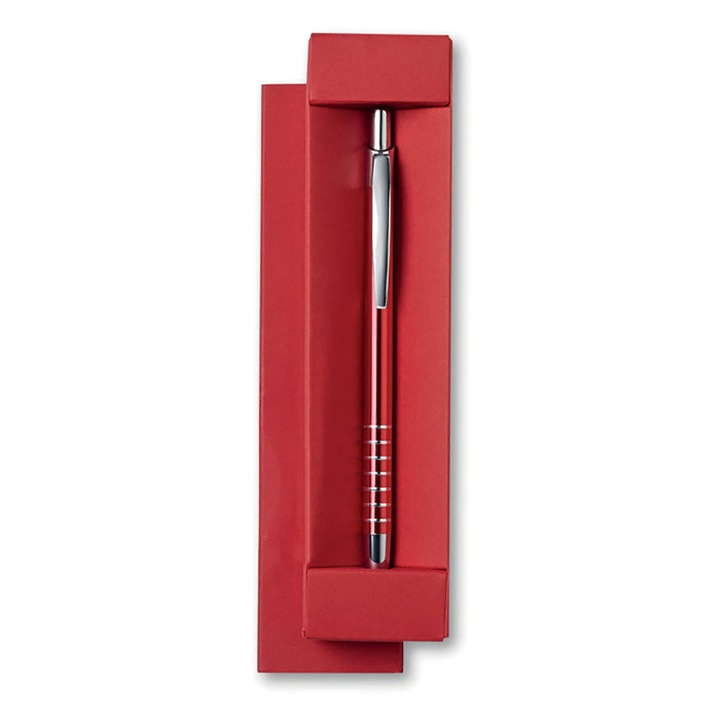 Алуминиева химикалка в подаръчна кутия, червена със сребристи вложки