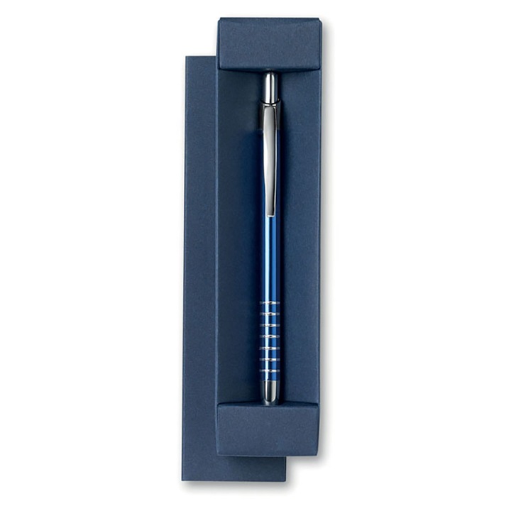 Алуминиева химикалка в подаръчна кутия, синя със сребристи вложки
