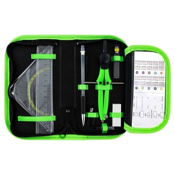 Trusa geometrie cu compas Stylex 10 piese in penar negru verde Trusa geometrie cu compas Stylex 10 piese in penar negru verde