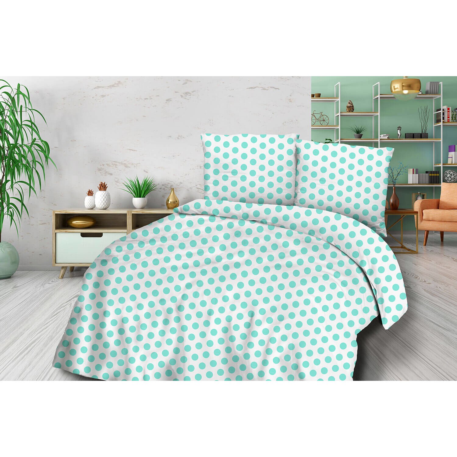 Cearsaf bumbac satinat, 180x200cm, Darymex, mint dots