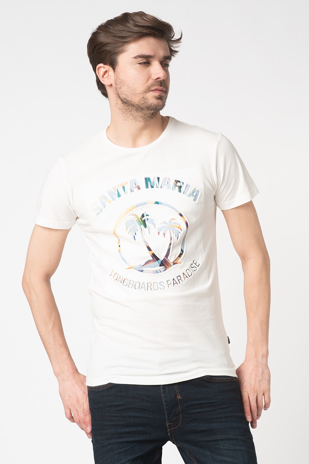 BLEND, Tricou slim fit cu imprimeu grafic si text stantat w, Alb prafuit/Galben/Albastru, XL