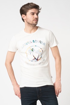 BLEND, Tricou slim fit cu imprimeu grafic si text stantat w, Alb prafuit/Galben/Albastru, XL BLEND, Tricou slim fit cu imprimeu grafic si text stantat w, Alb prafuit/Galben/Albastru, XL