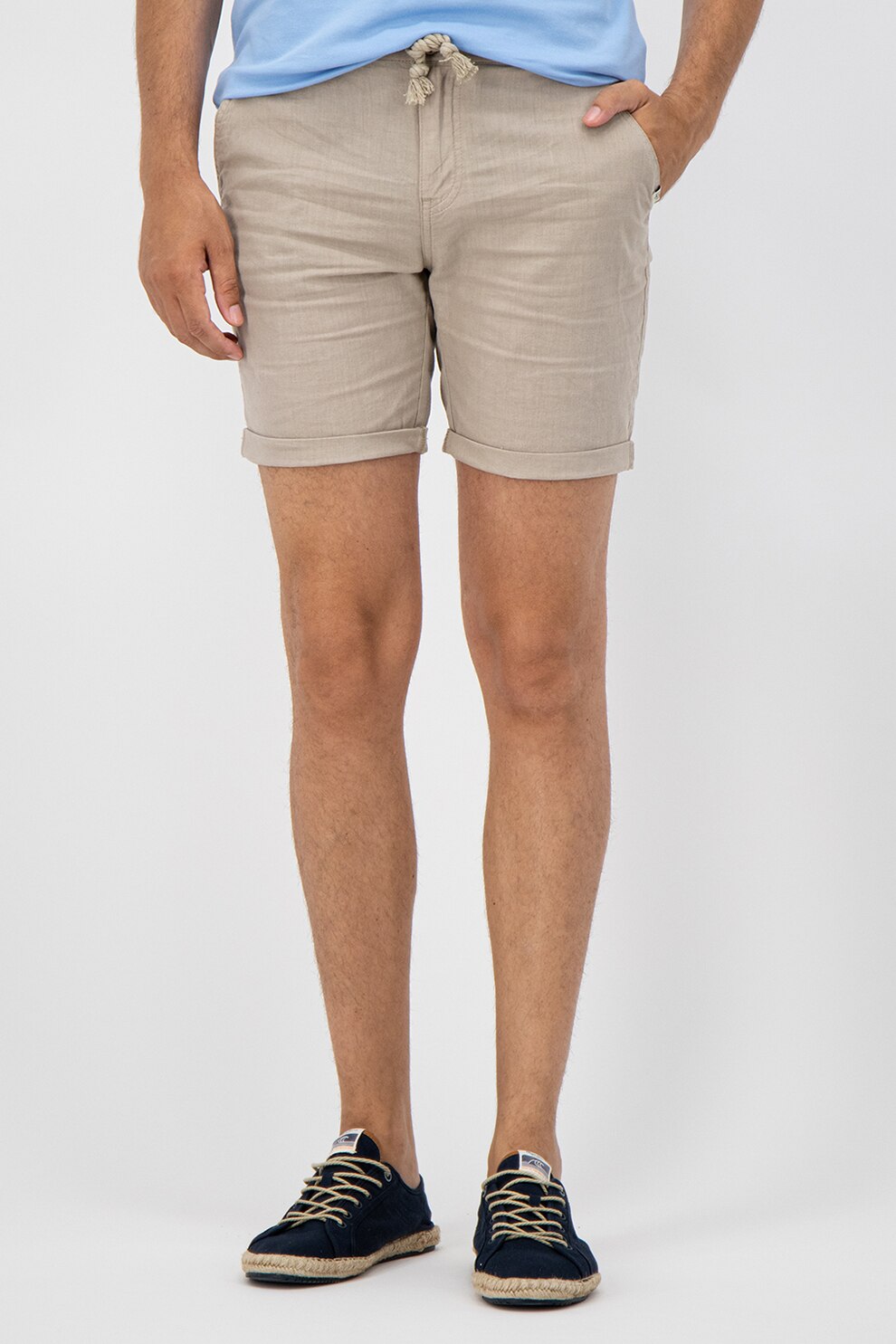 BLEND, Bermude slim fit din amestec de in cu snur in talie, Maro nisip