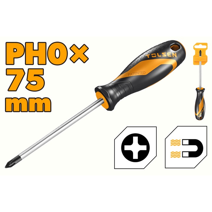 Surubelnita Cr-V PH0 x 75 mm, Varf Magnetic, Maner GRIPro TOLSEN din 2 Componente, Prindere Antialunecare