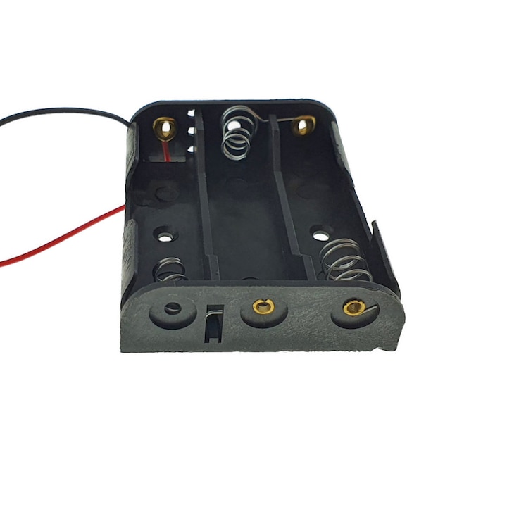 Carcasa cu suport si conectori cu 2 fire, pentru 3 baterii tip AA R6, din plastic negru AA