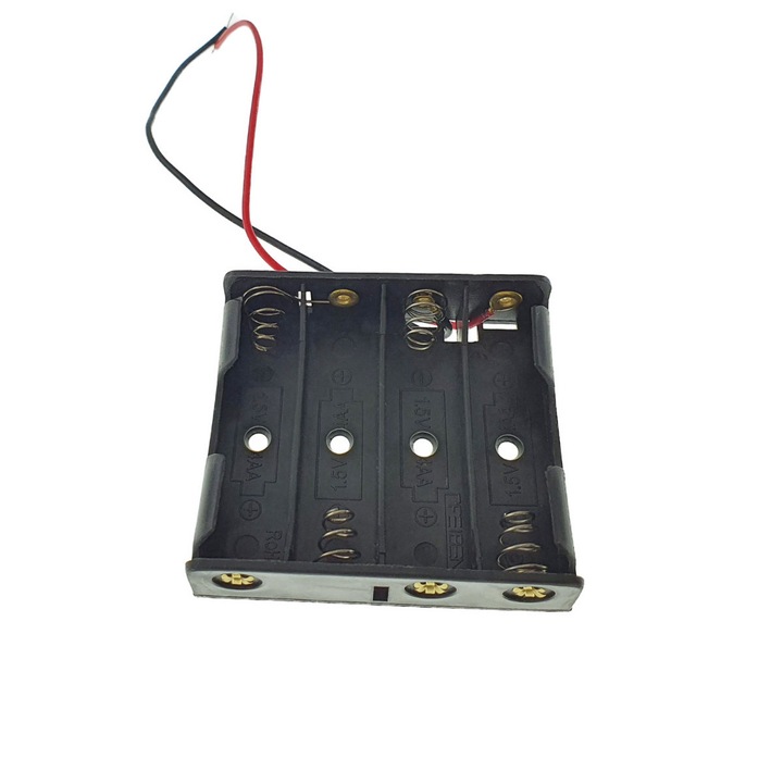 Carcasa cu suport si conectori cu 2 fire, pentru 4 baterii tip AA R6, din plastic negru