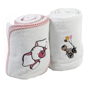 Set prosoape cu gluga pentru bebelusi, tesatura bambus, Mappy, Alb/Roz, 100 x 100 cm Set prosoape cu gluga pentru bebelusi, tesatura bambus, Mappy, Alb/Roz, 100 x 100 cm