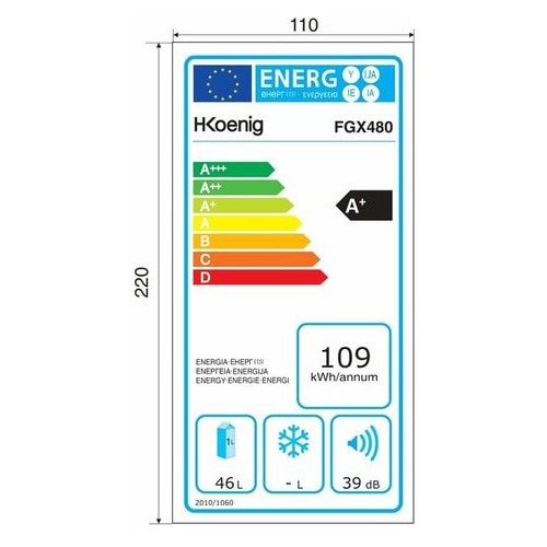 Frigider minibar H.Koenig, FGX480, 46 l, H 51 cm, termostat reglabil, compact, biofresh, usa reversibila, silentios, compartiment gheata 4 litri, eficient, ideal birou/ hotel/ bucatarie mica/ camera de camin, alb