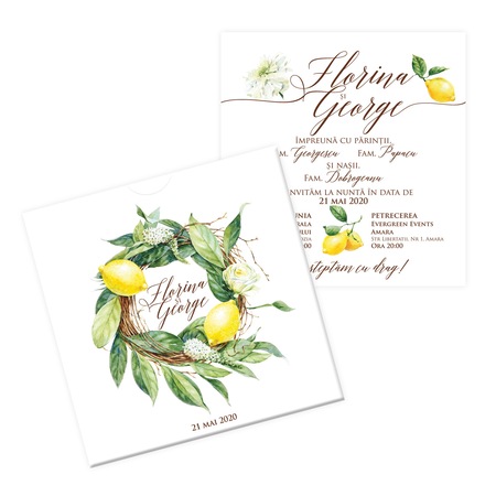 Invitatie Nunta Cu Plic Si Card Personalizate Event Paper Shop S18 14x14 Cm Carton Standard Lamaie Lemon Primavara Spring Floral Lime Frunze Leafs Tree Emag Ro
