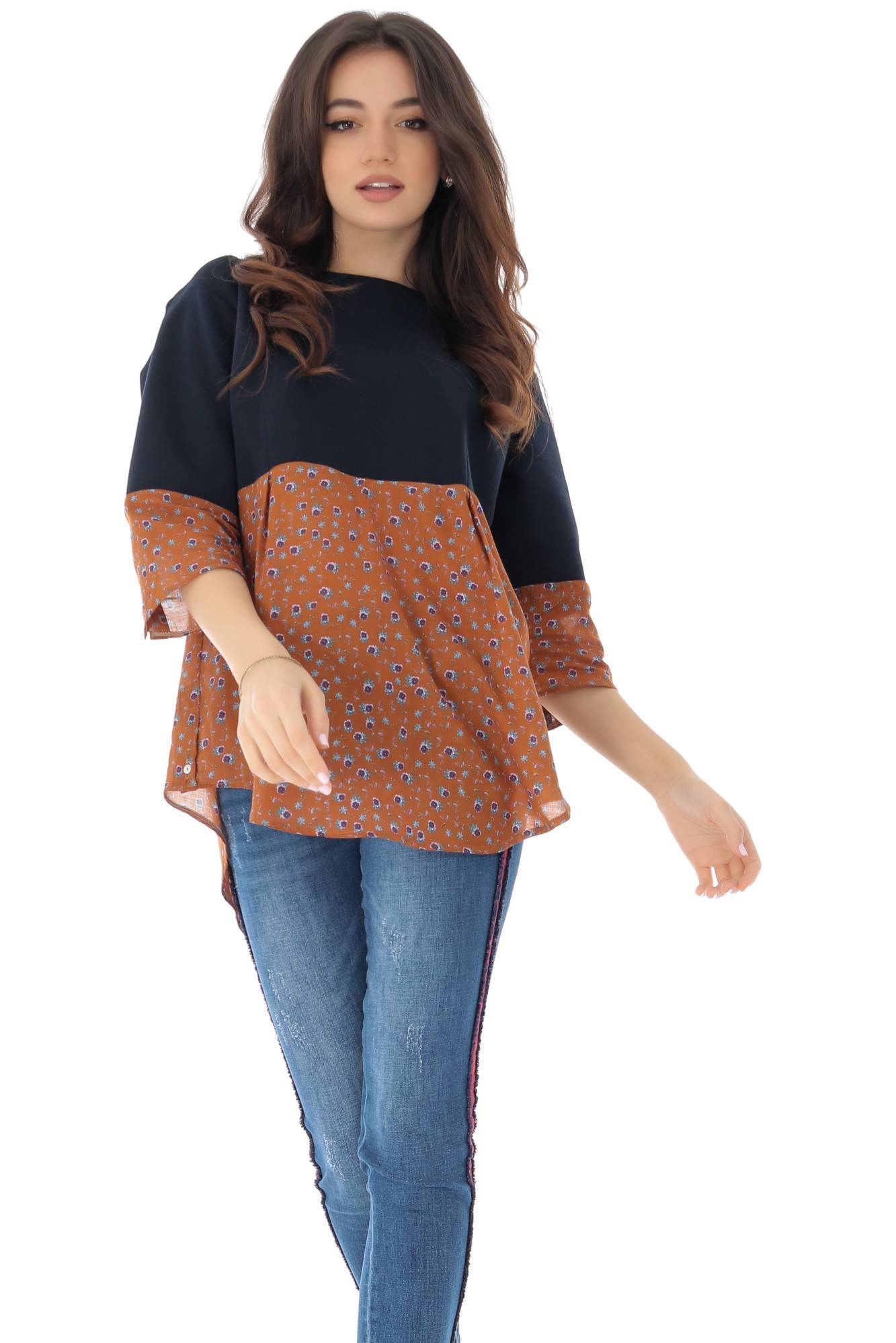 Bluza bleumarin, chic, din doua tesaturi - ROH , ONESIZE