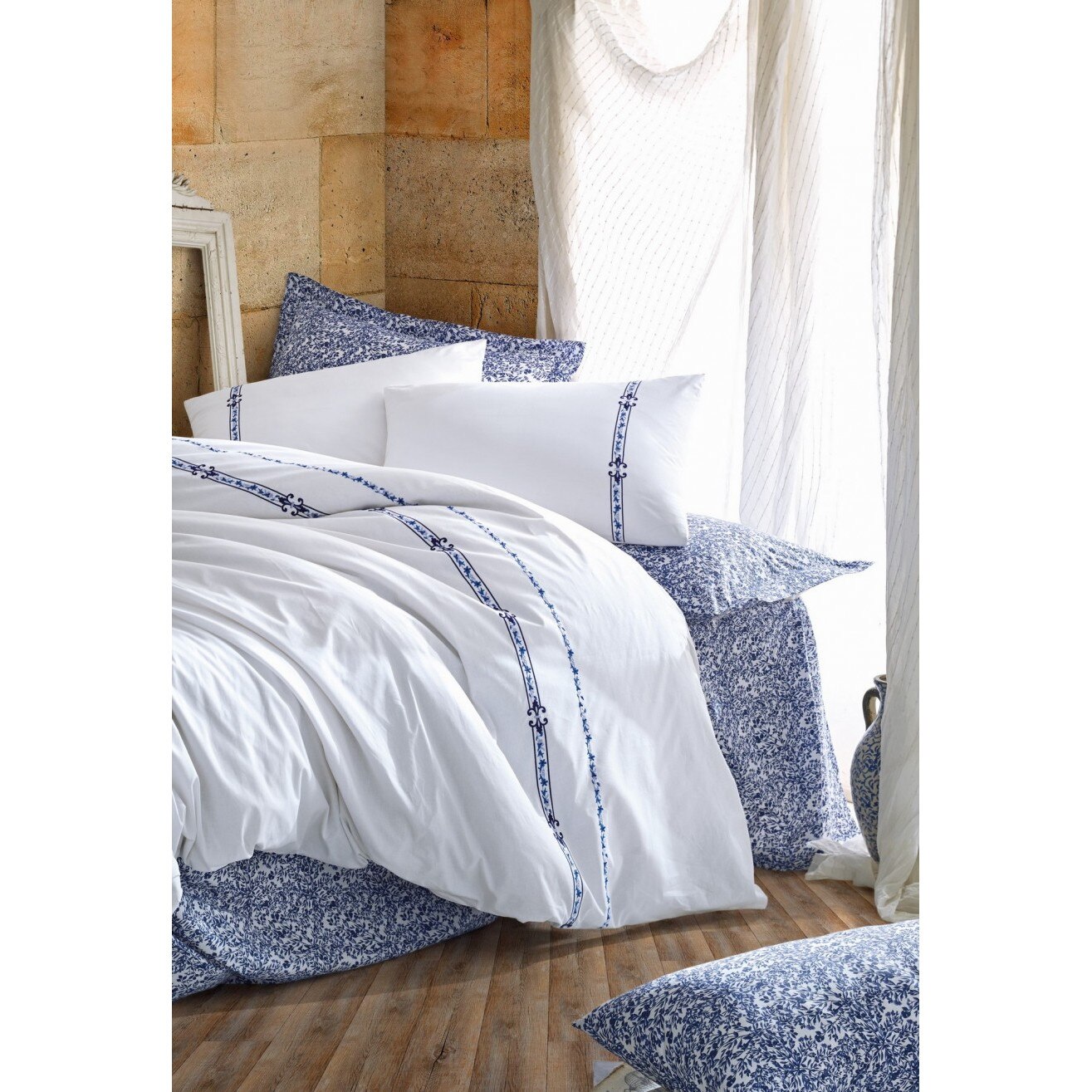 Lenjerie de pat lux cu broderie, Cotton Box, Delmor - Dark Blue