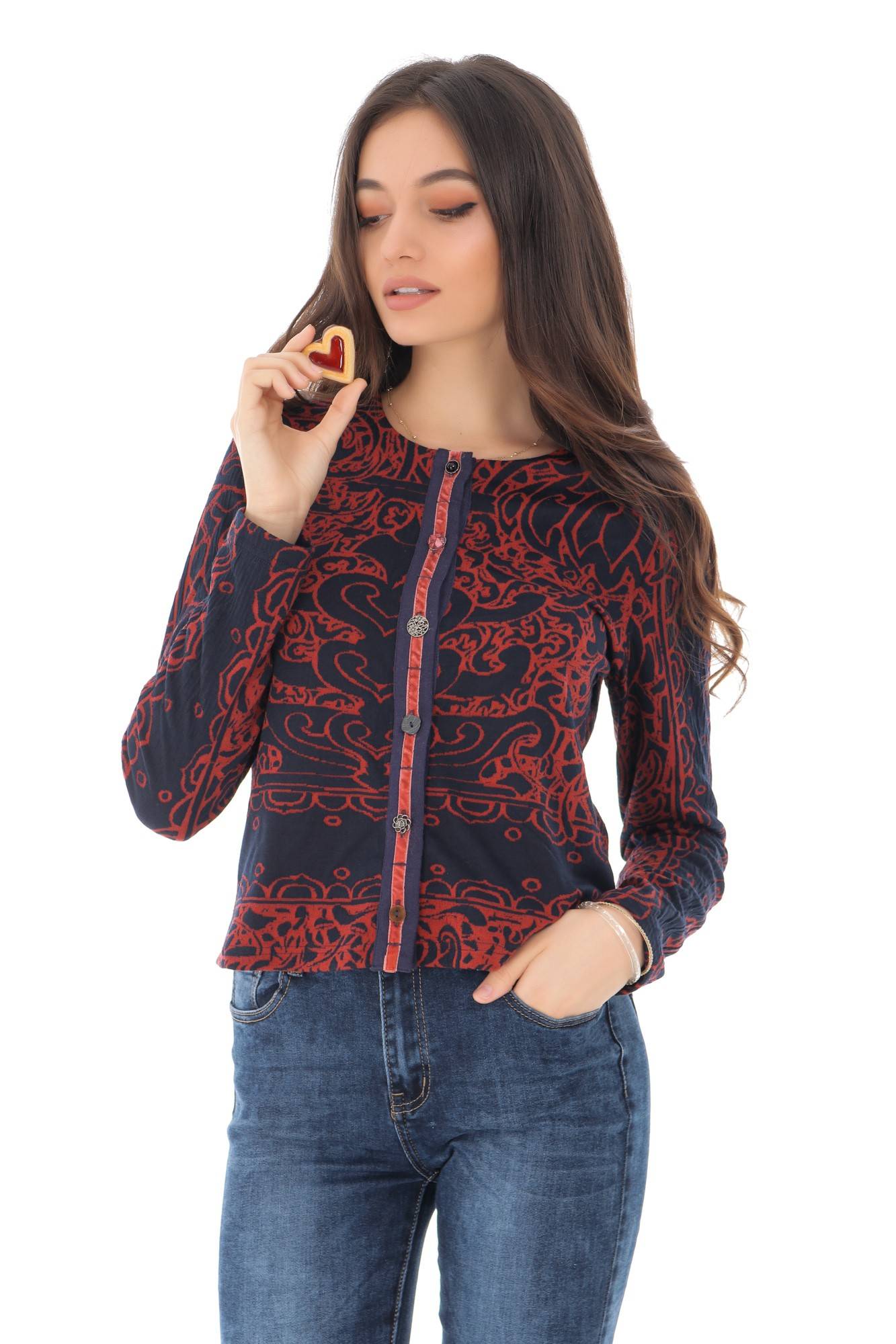 Pulover bleumarin, cu imprimeu chic, ROH - BR2283