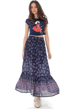 Fusta bleumarin cu motive etnice, ROH - FR475, 40 Fusta bleumarin cu motive etnice, ROH - FR475, 40