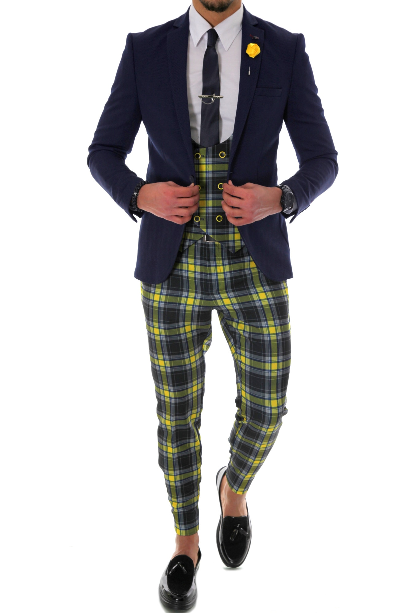 Costum office, bleumarin, pantaloni si vesta in carouri, pentru barbati