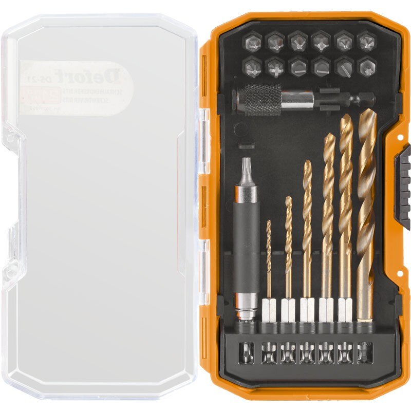 Set 21 accesorii Defort biti,burghie,adaptoare in cutie plastic