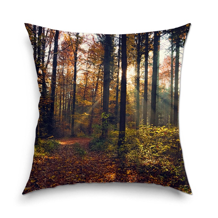 Perna decorativa Heartwork Peisaj de Toamna cu Soare de toamna printre copaci, Decoratiuni pentru casa, 40 x 40 cm