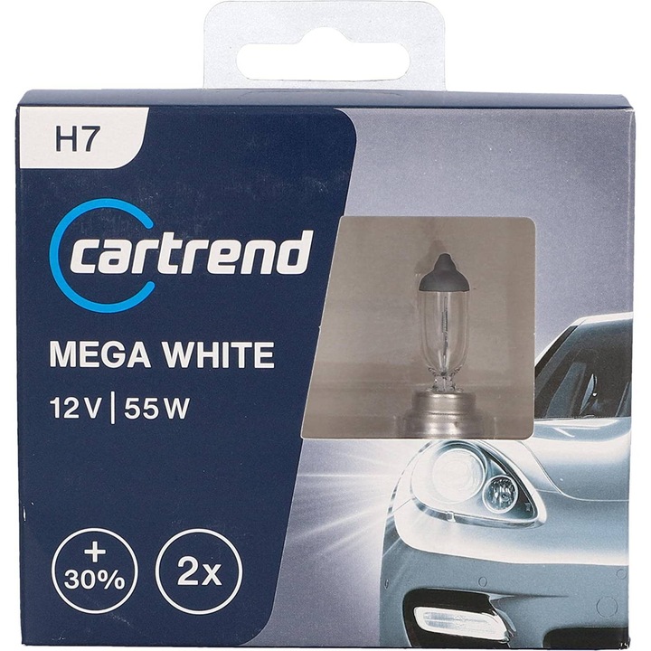 Комплект халогенни крушки Cartrend, Mega White, 2 броя, H7, 55 W, 12 V