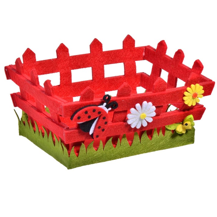 Декоративна великденска кошница Shopiens® от филц, модел червена ограда с калинка и цветя, 19 x 10 cm