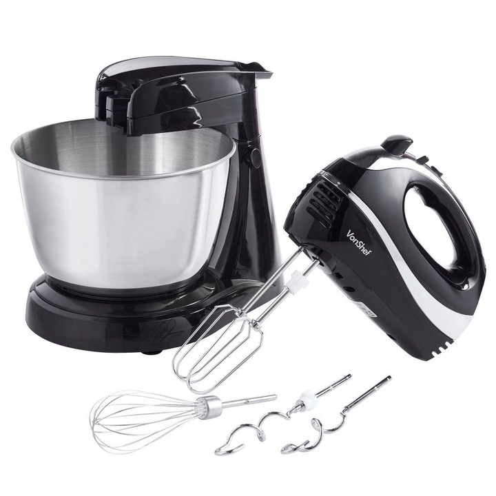 Mixer 2-in-1 cu picior si de mana VonShef 2013229, putere 300W, capacitate bol 3.5L, 5 setari de viteza si turbo, negru