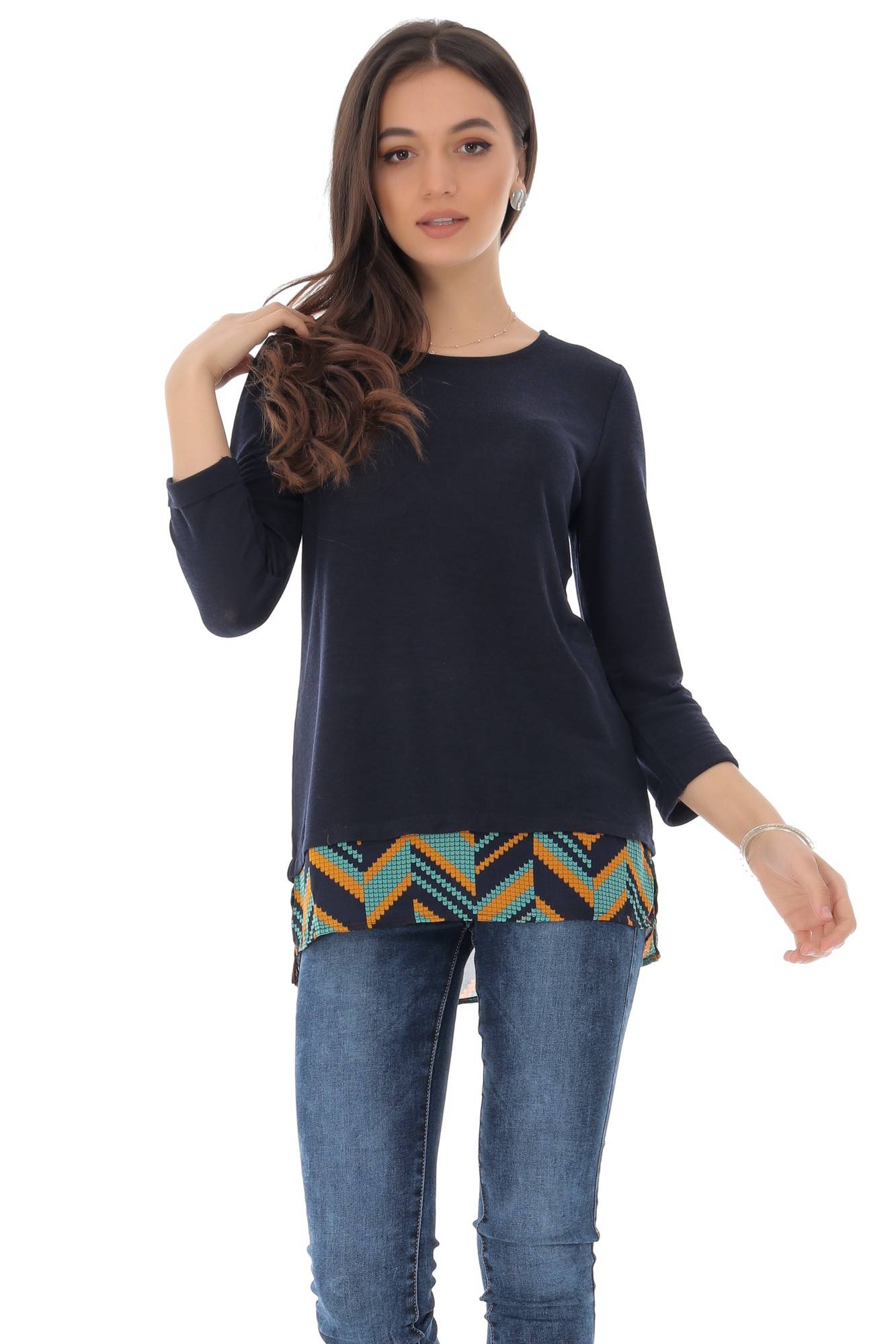 Bluza bleumarin, fin tricolata cu contrast la tiv, ROH - BR2256