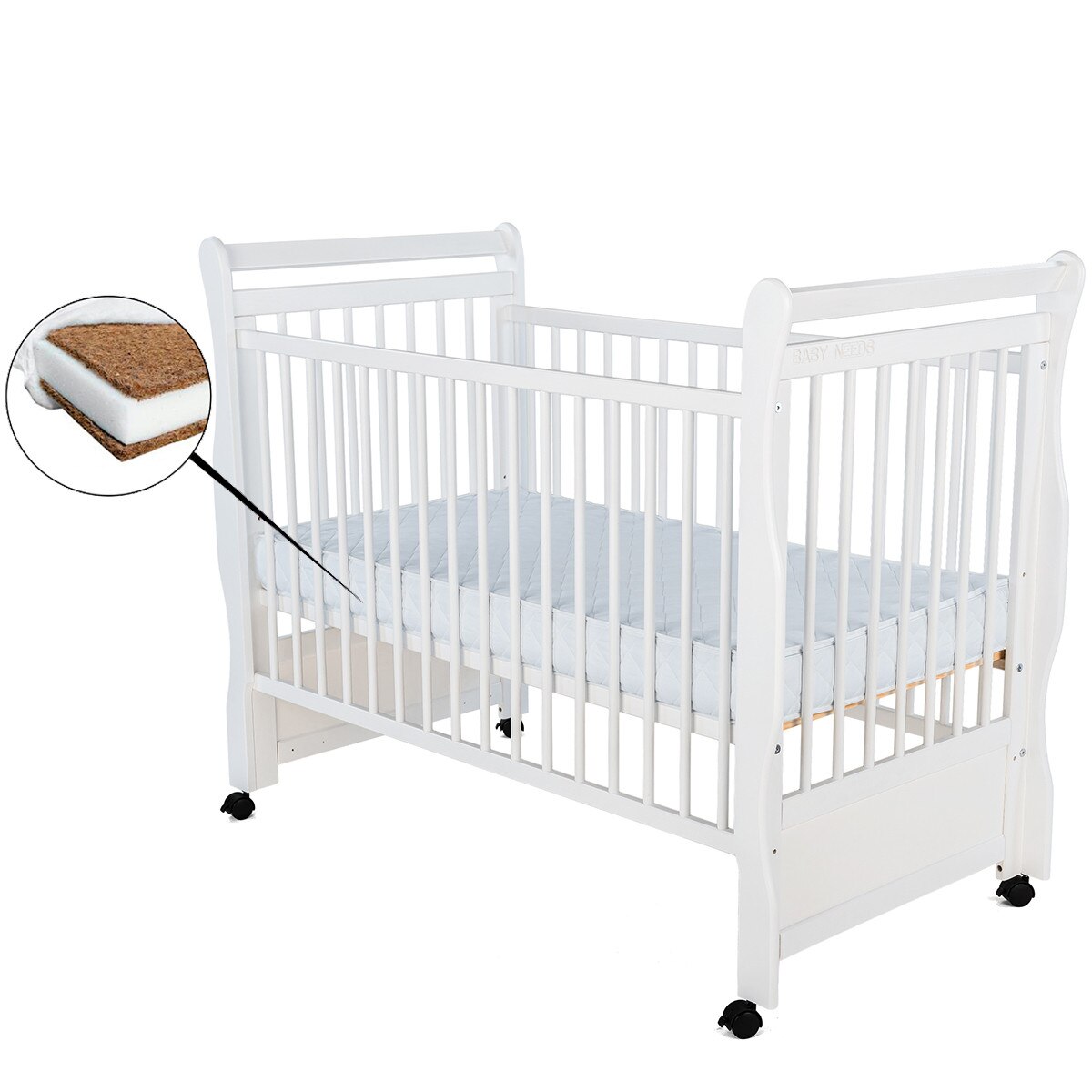 Patut din lemn, BabyNeeds, Jas, 120x60 cm, Alb + Saltea 10 cm