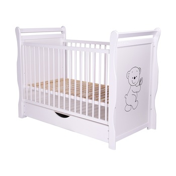 Patut din lemn BabyNeeds Jas, cu sertar, Ursulet, 120x60 cm, Alb Patut din lemn BabyNeeds Jas, cu sertar, Ursulet, 120x60 cm, Alb