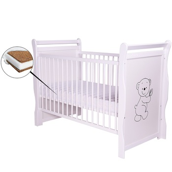 Patut din lemn, BabyNeeds, Jas Ursulet, 120x60 cm, Alb + Saltea 10 cm Patut din lemn, BabyNeeds, Jas Ursulet, 120x60 cm, Alb + Saltea 10 cm