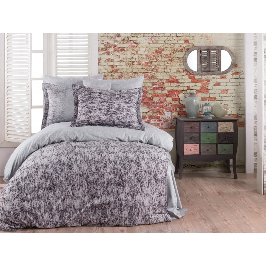 Lenjerie de pat dublu 6 piese satin de lux, Bahar Home, Tamara V1 Gri