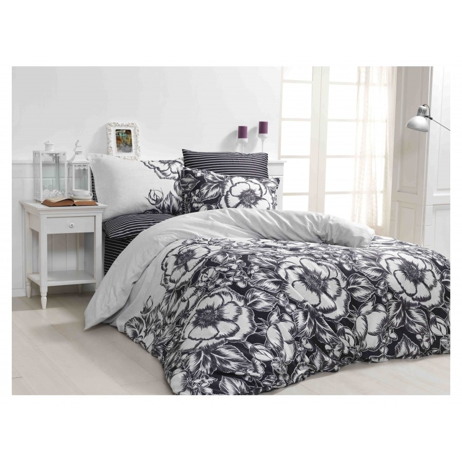 Lenjerie de pat dublu 6 piese satin de lux, Bahar Home, Marjorie Black