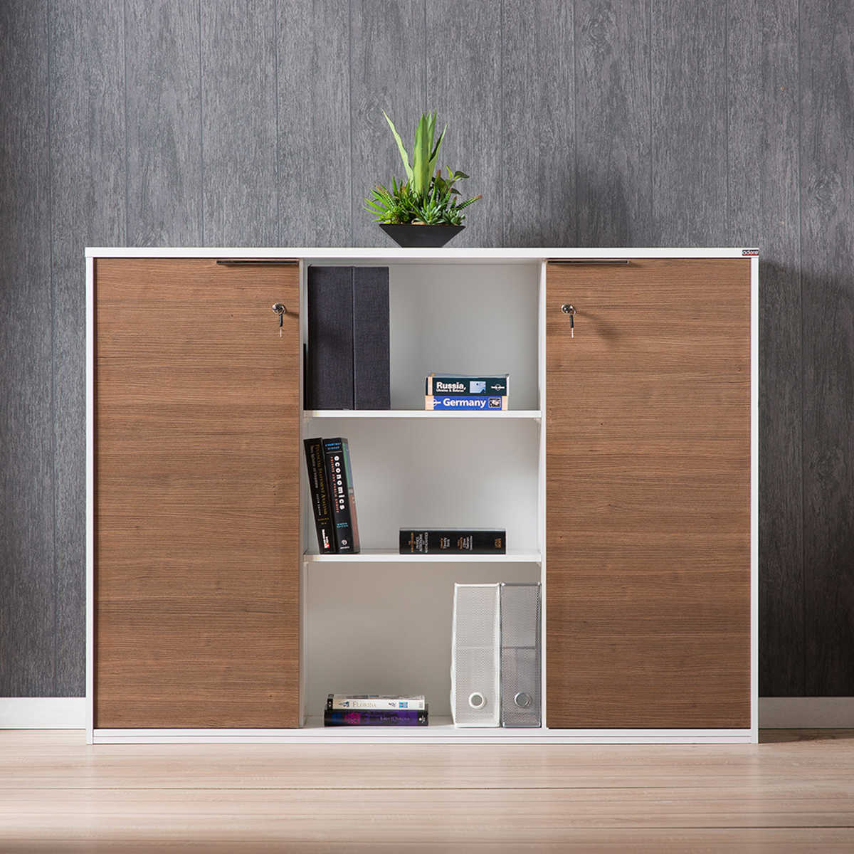 Biblioteca Adore New York Office, 2 usi cu cheie, Nuc, Alb Lucios, 150x112x34 cm
