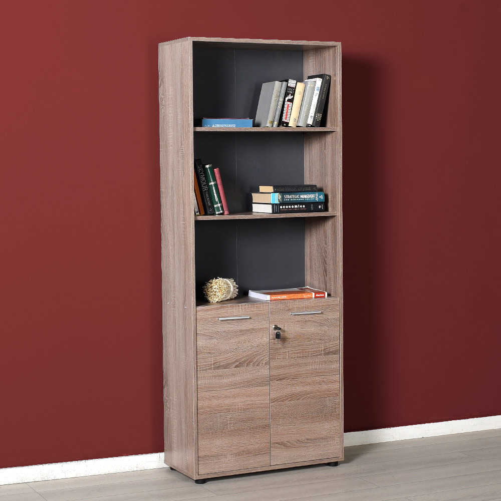 Biblioteca Adore New York Office, 2 usi cu cheie, 3 rafturi fix, Latte, 72x187x34 cm