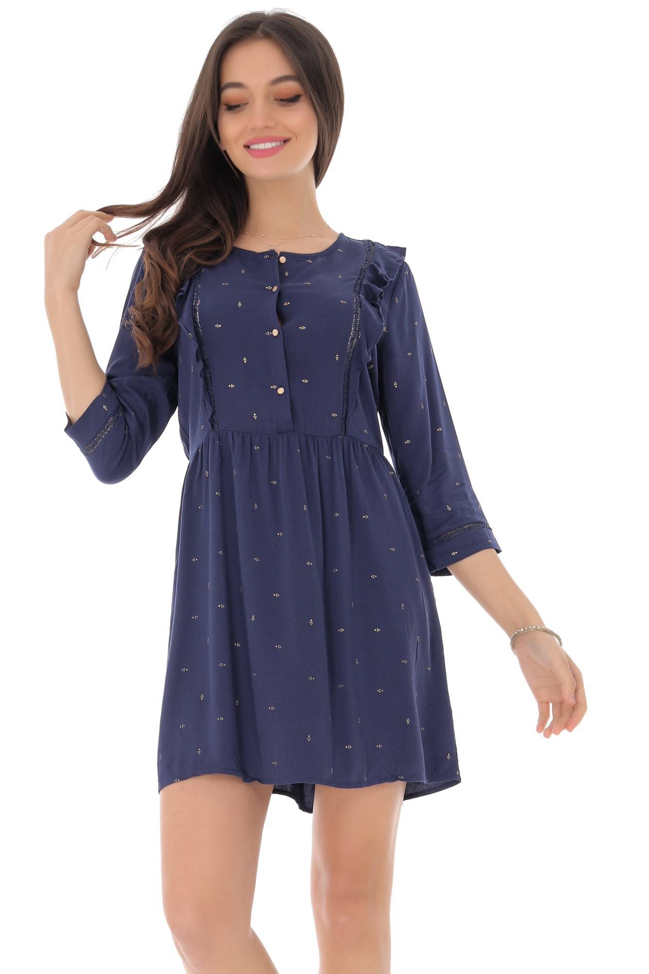 Rochie bleumarin cu volane verticale, ROH - DR4101