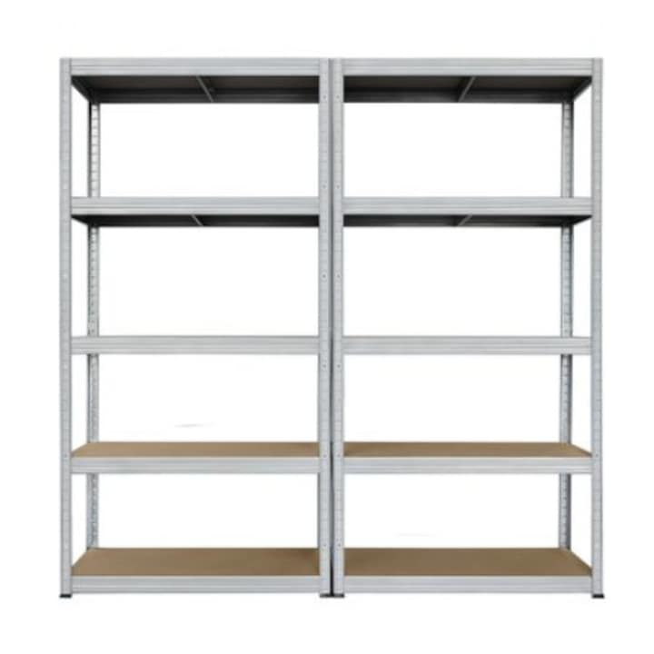 Etajera dubla metalica 5 polite MDF 180x200x50 cm, 100 kg/polita, montaj fara surub prin clipsare, cadru metalic din otel zincat, polite maro