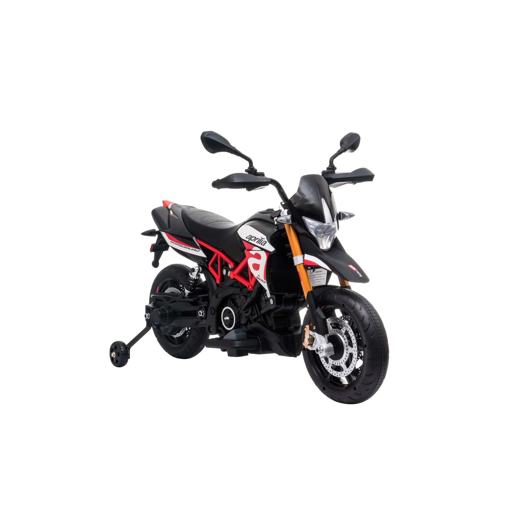Motocicleta electrica APRILIA DORSODURO 900, Licentiata, baterie 12V, roti EVA moi, 2 x 18W Motoare, Suspensie, cadru metalic, furca metalica, roti auxiliare, rosu