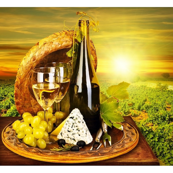 Vászonkép, bor, üveg, pohár, sajt, tál 70x76 cm-es