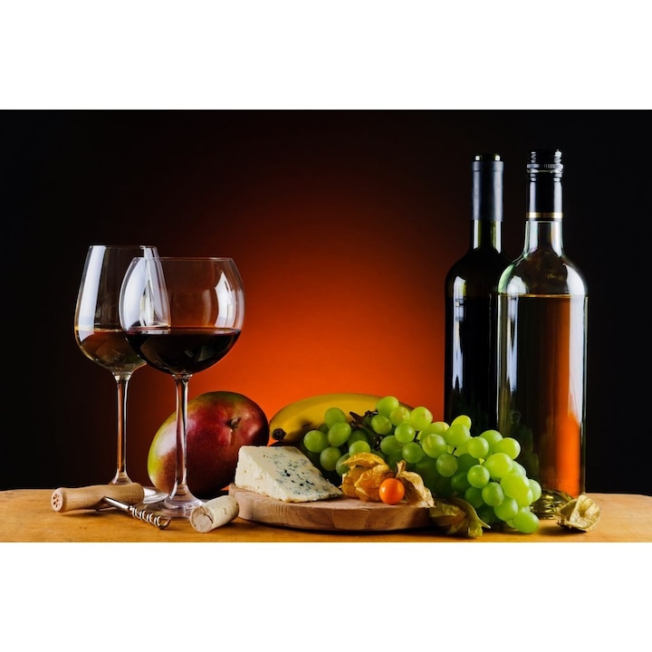 Vászonkép, bor, üveg, pohár, szőlő, alma, banán, sajt 40x60 cm-es