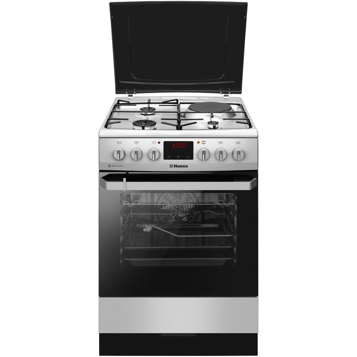 Aragaz Hansa FCMX68209, Mixt, 3 arzatoare/ 1 zona de gatire, Grill, Rotisor, Timer, Clasa A, 60 cm, Inox