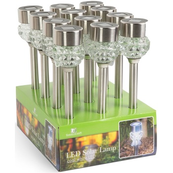 Pachet 12 lampi solare LED de exterior pentru gradina Garden of Eden, senzor crepuscular, acumulator 40 mAh, metal satinat + sticla, 370 mm Pachet 12 lampi solare LED de exterior pentru gradina Garden of Eden, senzor crepuscular, acumulator 40 mAh, metal satinat + sticla, 370 mm