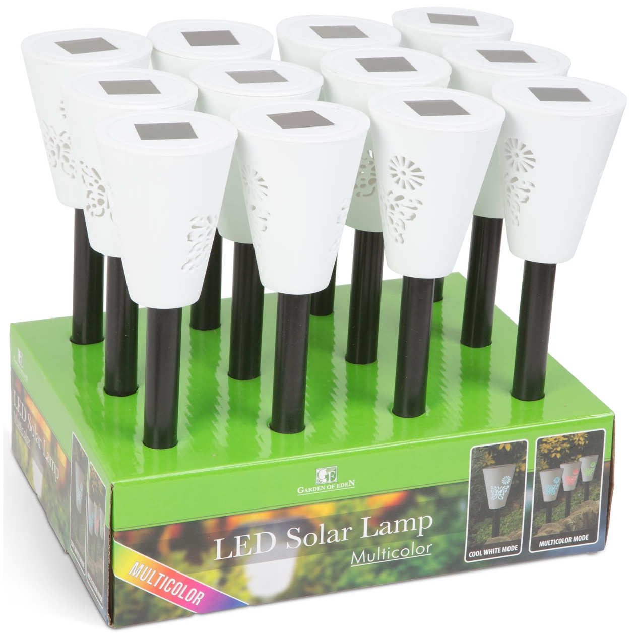 Pachet 12 lampi solare LED de exterior pentru gradina alb + RGB Garden of Eden, senzor crepuscular, acumulator 200 mAh, 355 mm, Alb/Negru