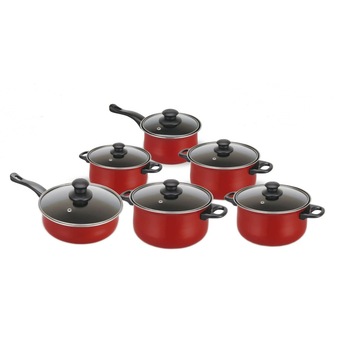 Set 12 piese Grunberg, 6 vase otel cabon,capace sticla,rosu,fund 3 straturi Set 12 piese Grunberg, 6 vase otel cabon,capace sticla,rosu,fund 3 straturi